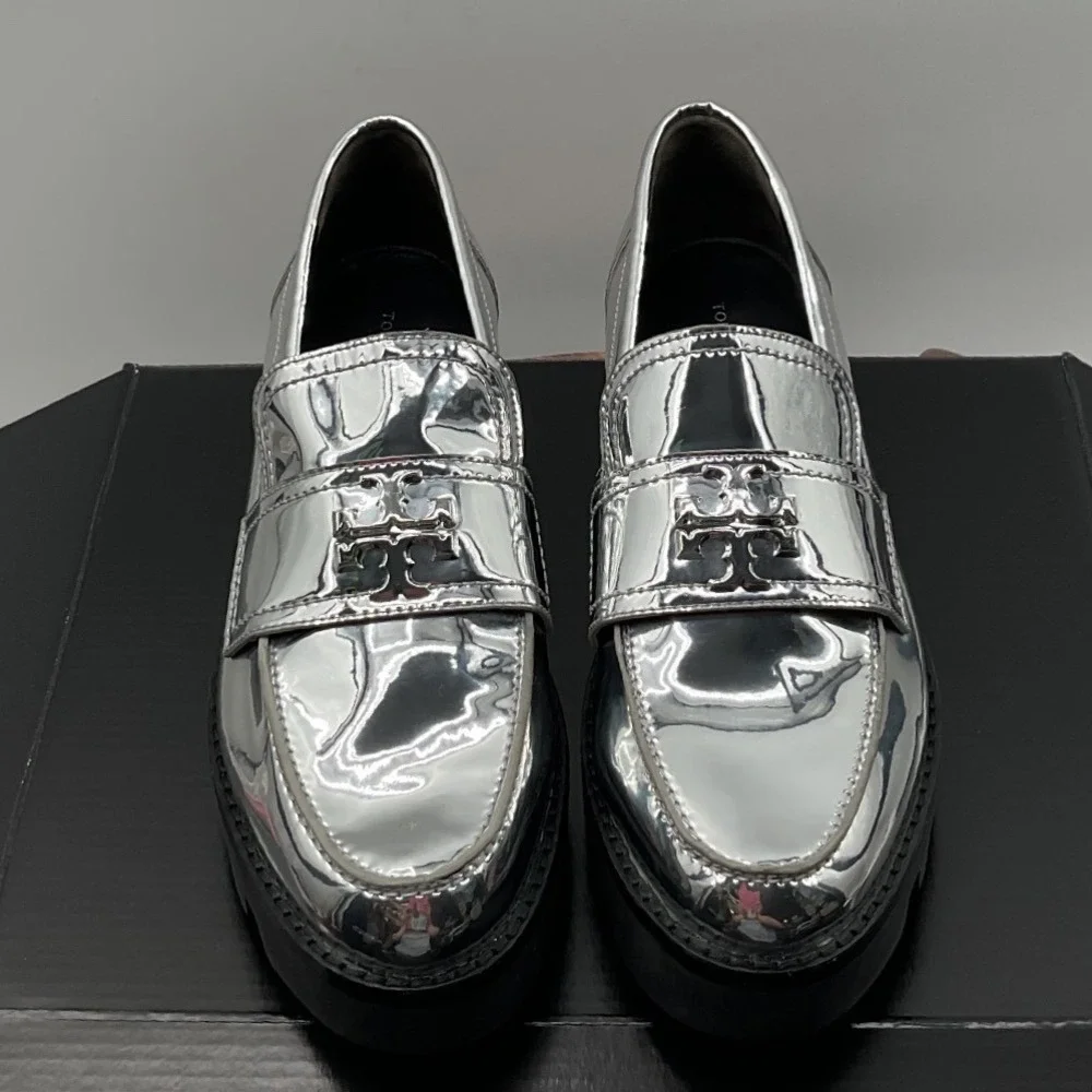 Tory Burch Metallic Silver Lug Sole Loafers Double T Logo Platform Shoes 6M